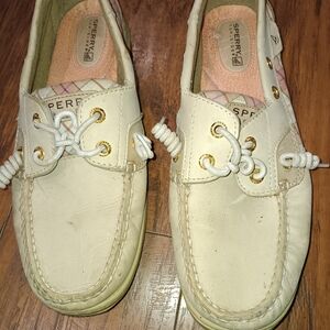 Sperry Cream Boat Shoes with Gold Eyelets